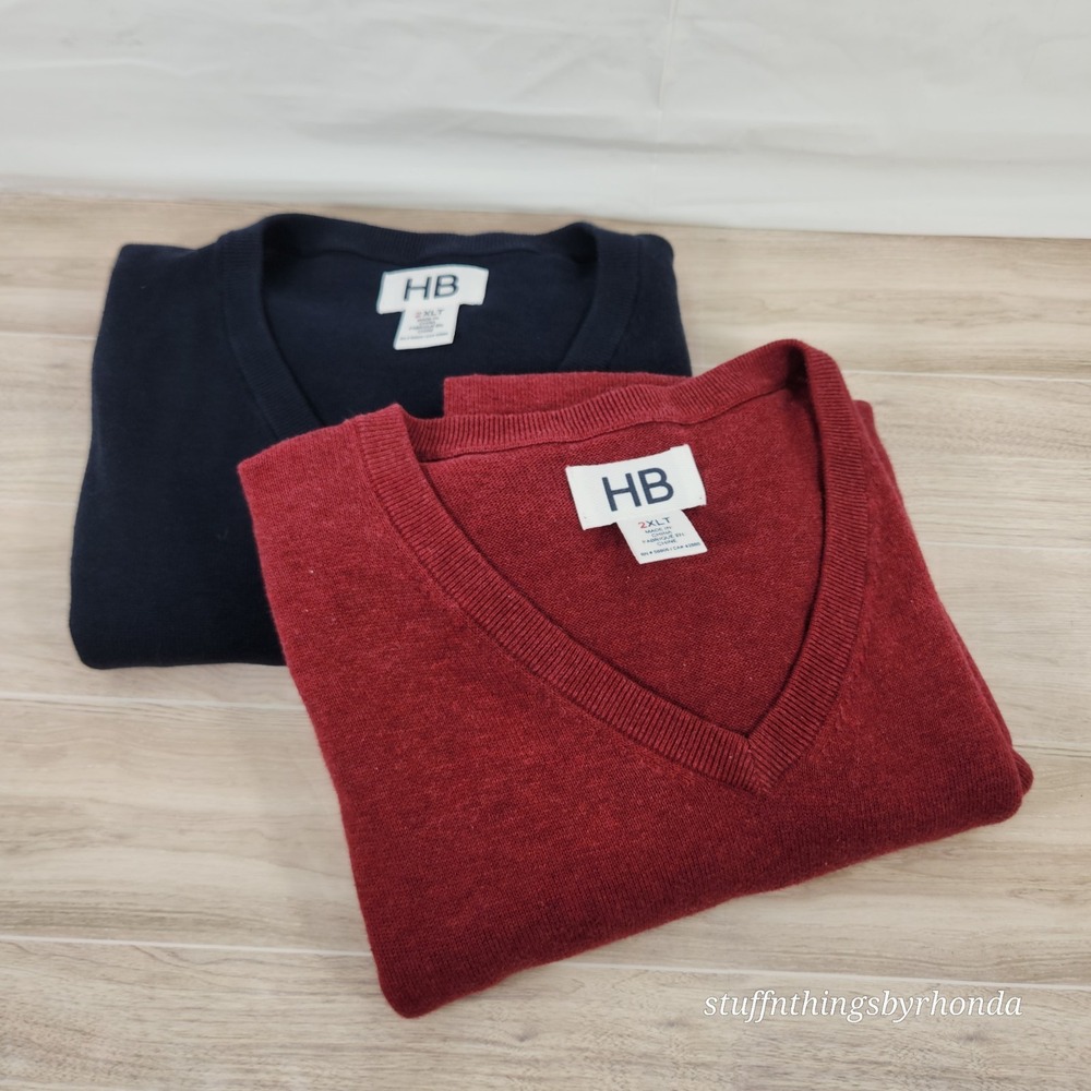 2 HB Harbor Bay Men's V Neck Cotton Sweater Vests, Size 2XL TALL‎ ~ Navy & Wine